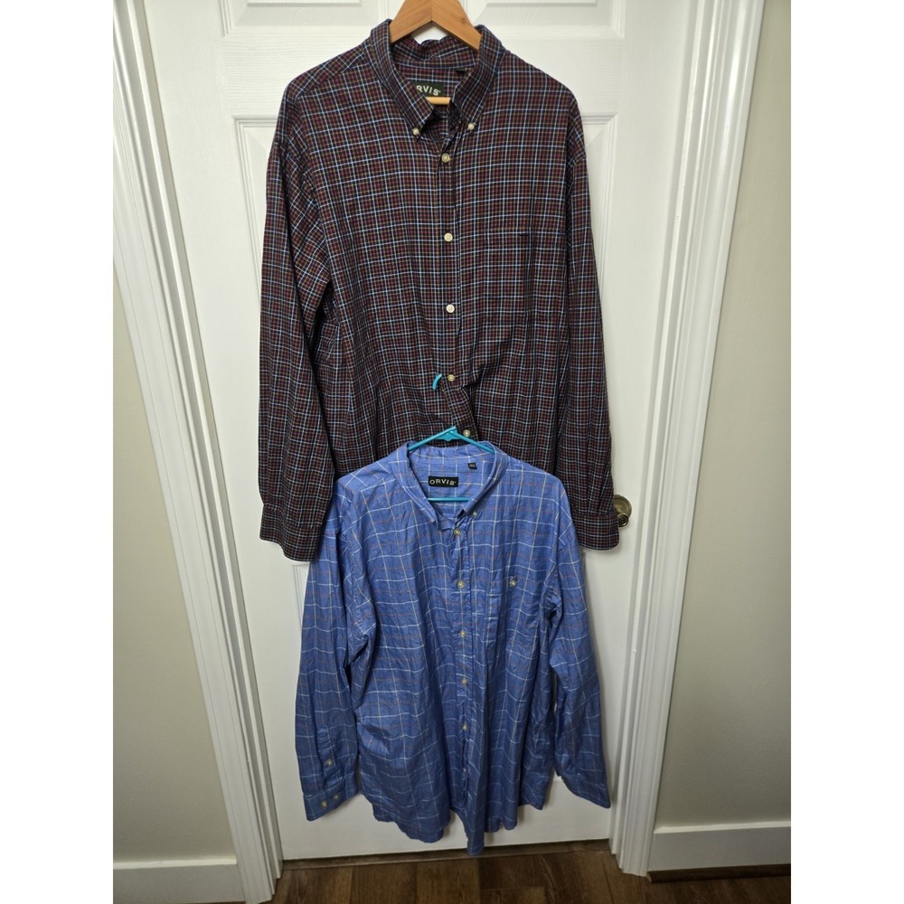 2- Orvis Country Twill Classic Fit Plaid Cotton Twill Button-Down Shirt XXL Tall